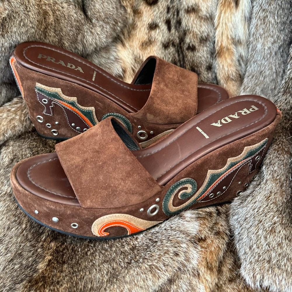 Prada Seahorse Applique Brown Suede and Leather Wedge Sandals